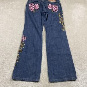 Vintage Y2K Princess Jeans Womens 34x31 Blue Embroidered Rose Floral Straight